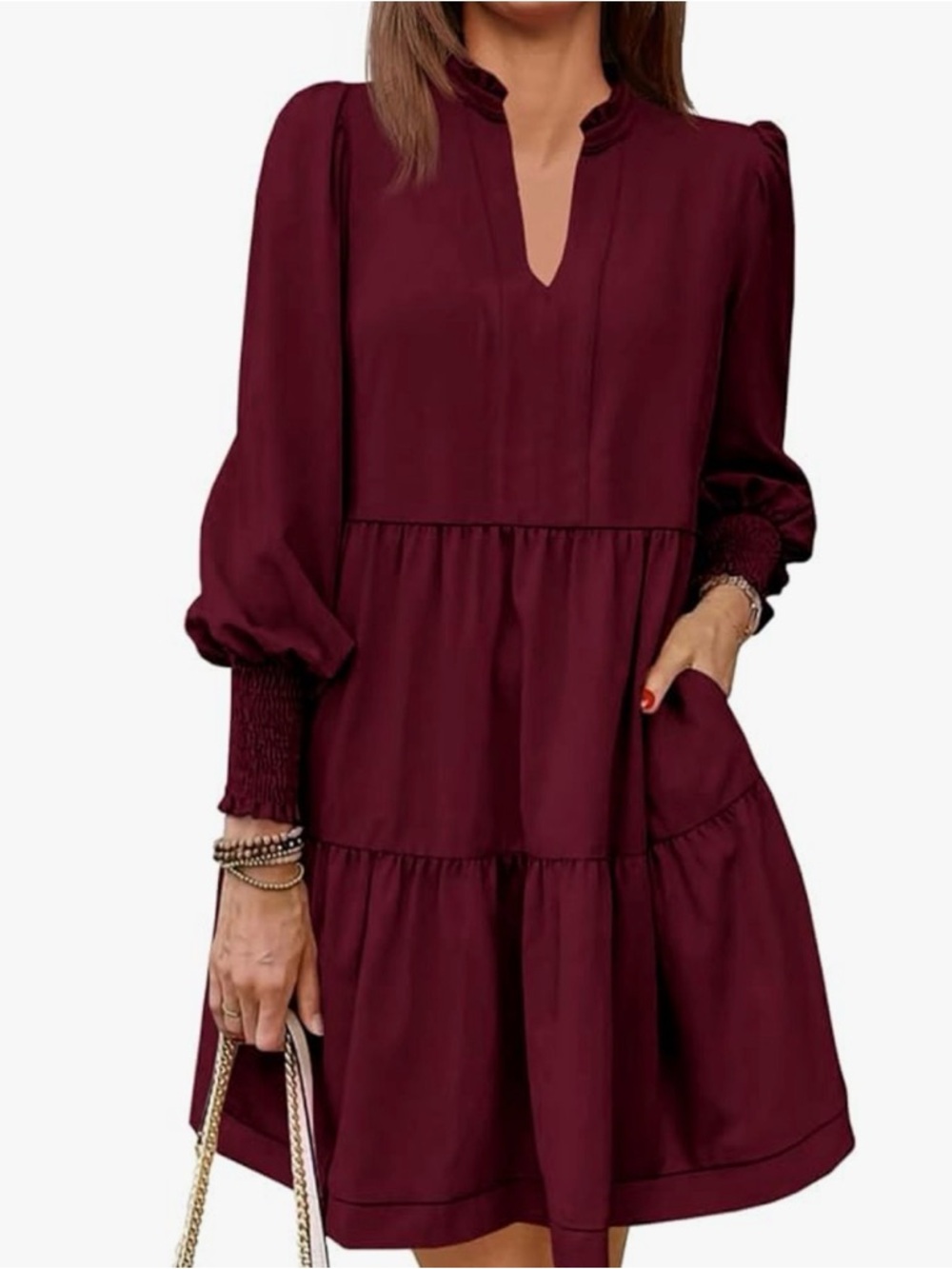 Women's Burgundy Tiered Long-Sleeve Dress